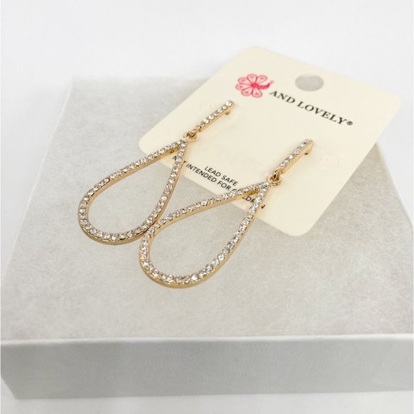 Gold Teardrop Dangle Post Earrings with Crystals - Picture 2 of 4